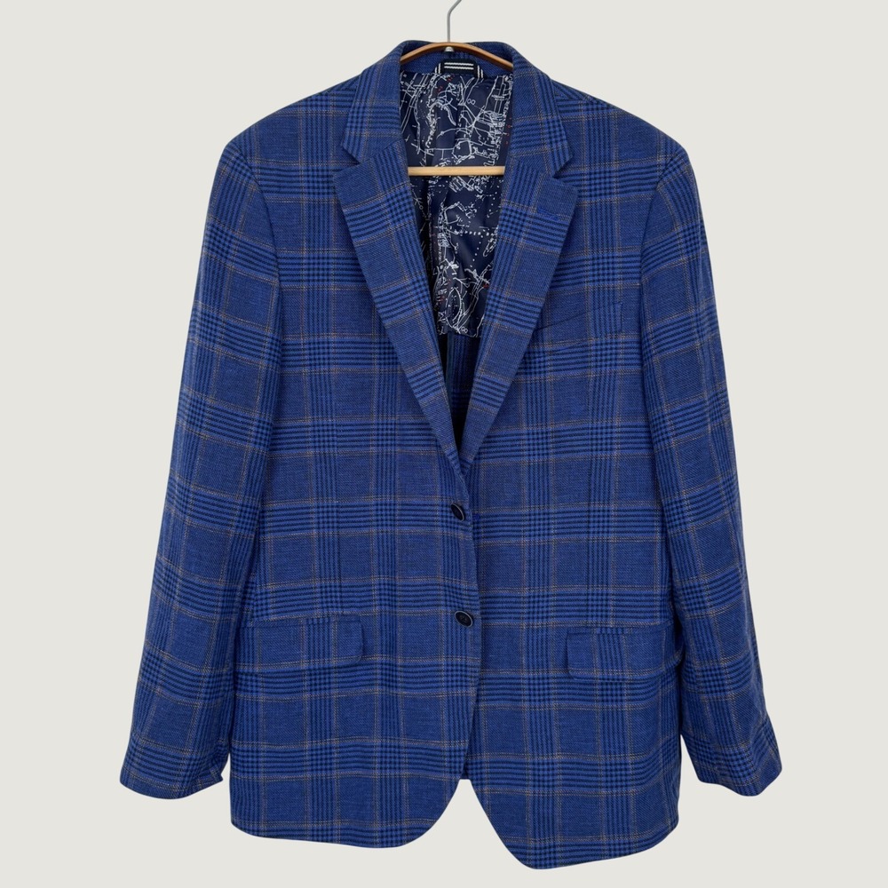 Nautica Mens Blue Plaid Linen Cotton Blazer Sport Coat 40R Brielle Jacket